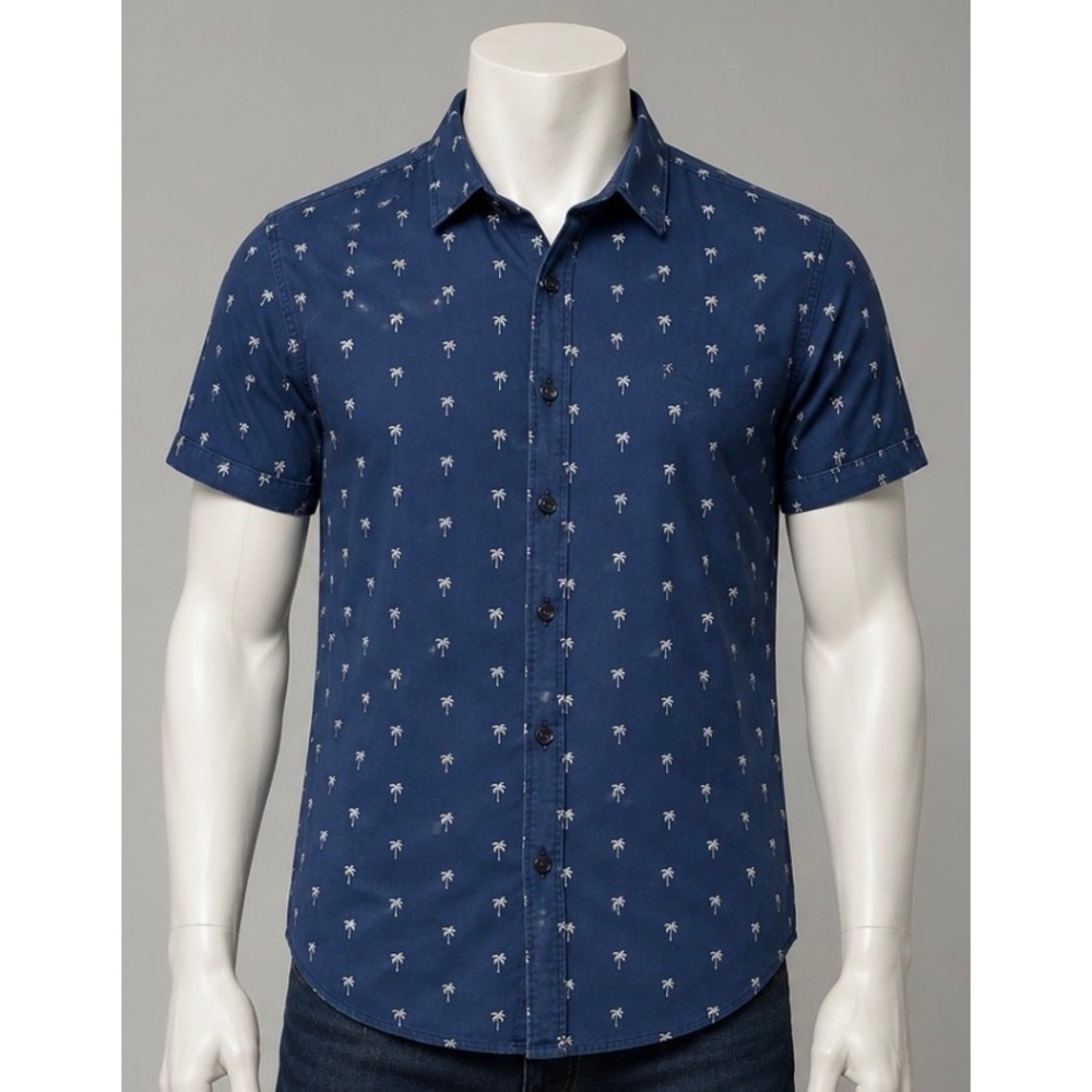 Denim & Flower Ricky Singh Mens Small Navy Blue Palm Tree Short Sleeve Button Up